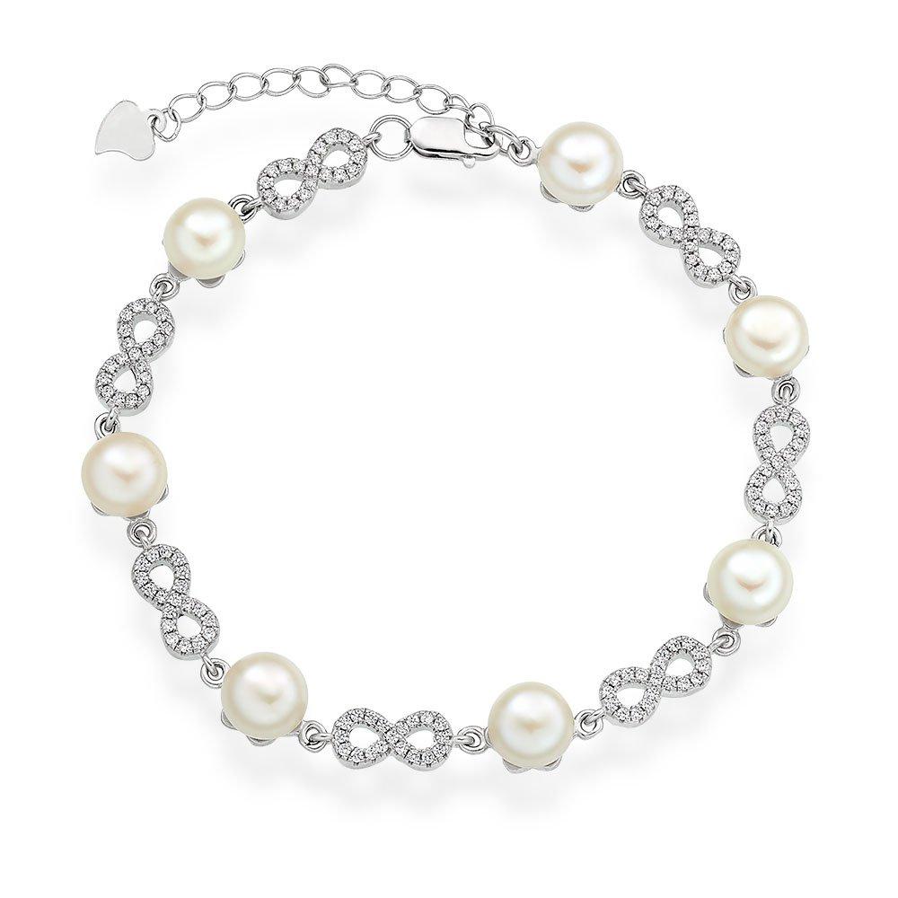 Silver Cubic Zirconia Freshwater Cultured Pearl Infinity Bracelet